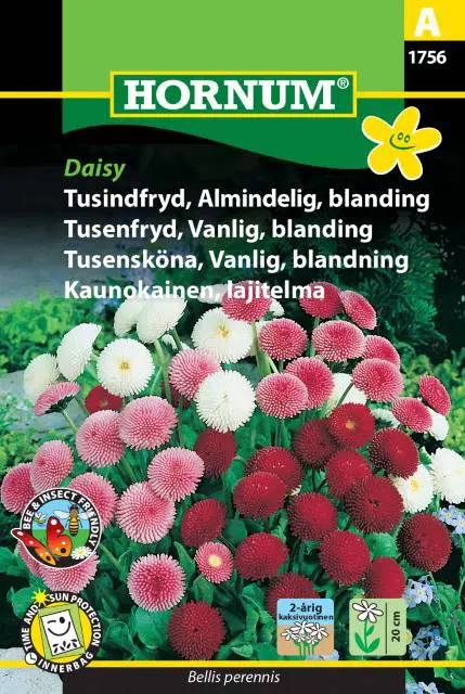 Tusindfryd blomsterfrø. Blanding af tusindfrydder får helt fyldte blomster i nuancer af rød hvid og rosa. 2 årig blomst. Køb blomsterfrø på www.nemhjem.dk og få hurtig levering og gode priser