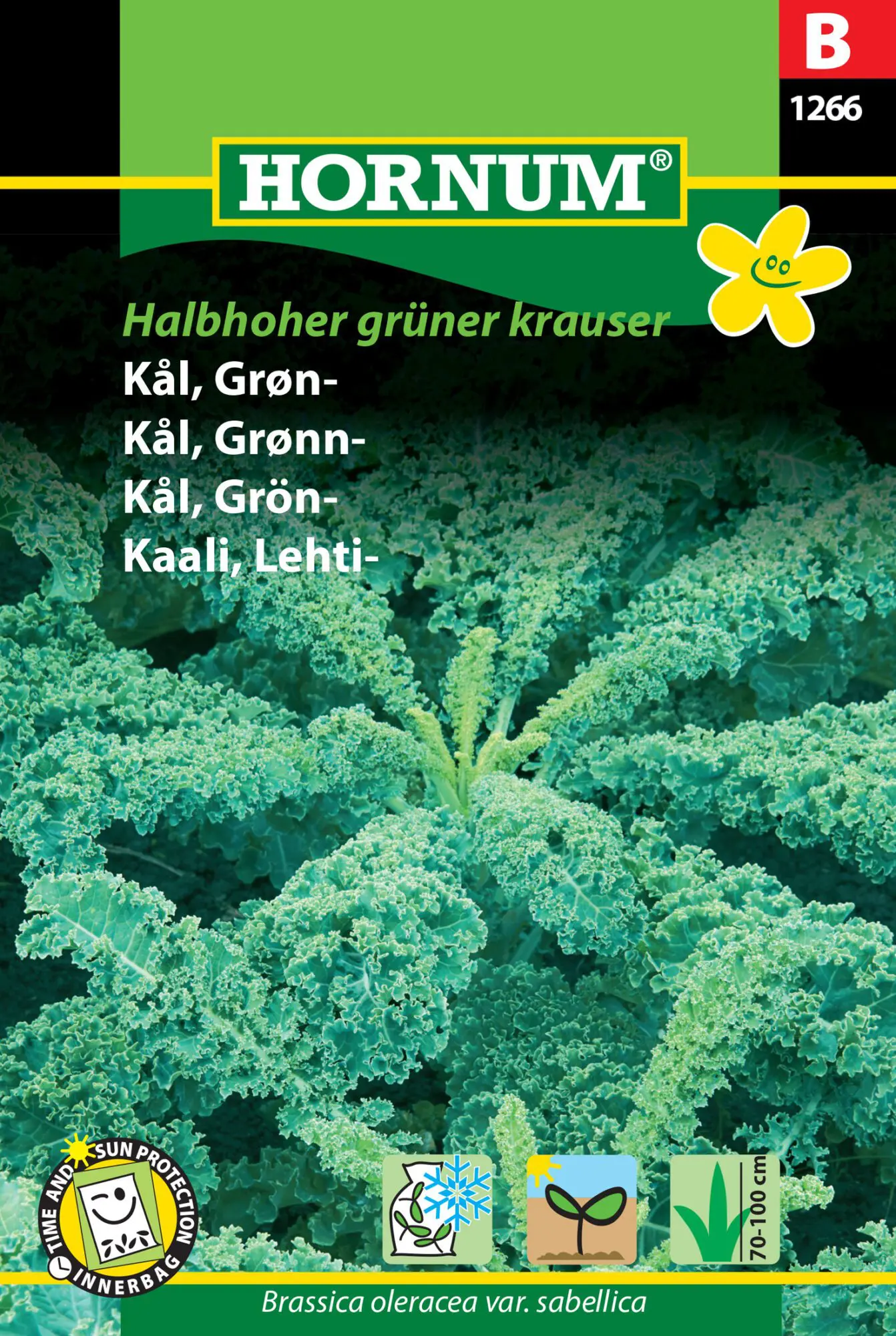 Grønkål Grønkålsfrø der giver skønne krusede blomkålsblade på en stængel der er ca 70 til 100 cm høj. Blomkålsfrø i top kvalitet fra Hornum til lave priser - Køb frø på www.nemhjem.dk