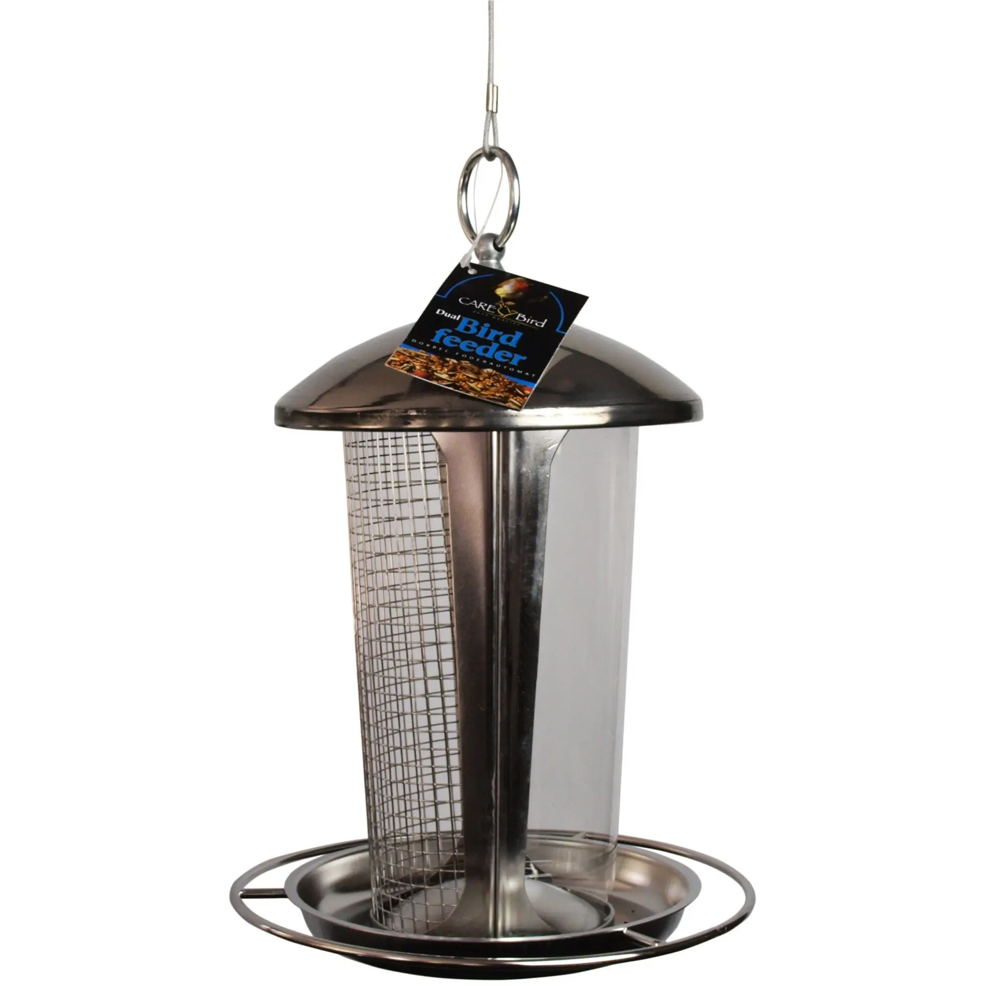 Fuglefoderautomat til havens vilde fugle i rustfrit stål. Smart dual foderautomat til både jordnødder og frø.