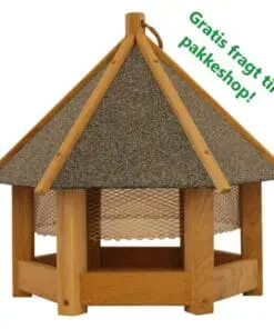 Fuglefoderhus med net. Udført i FSC certificeret egetræ med tag i grå tagpap. ø44 cm.