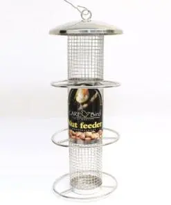 Fuglefoderautomat til nødder til havens vilde fugle i rustfrit stål. Smart foderautomat med 3 sidderinge.