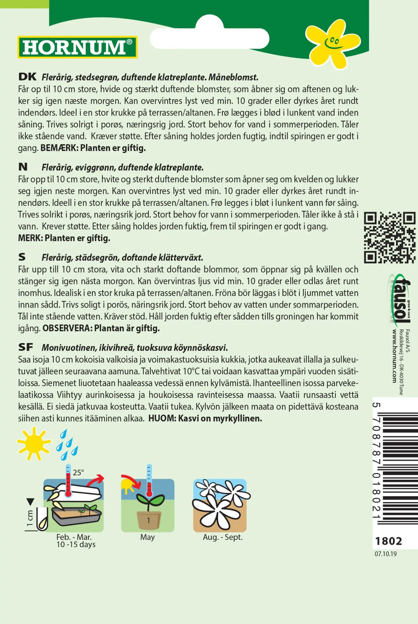 Pragtsnerle Hvid Moonflower Bona Nox. Skøn duftende stedsegrøn klatreplante med store hvide blomster. Blømsterfrø til haven.