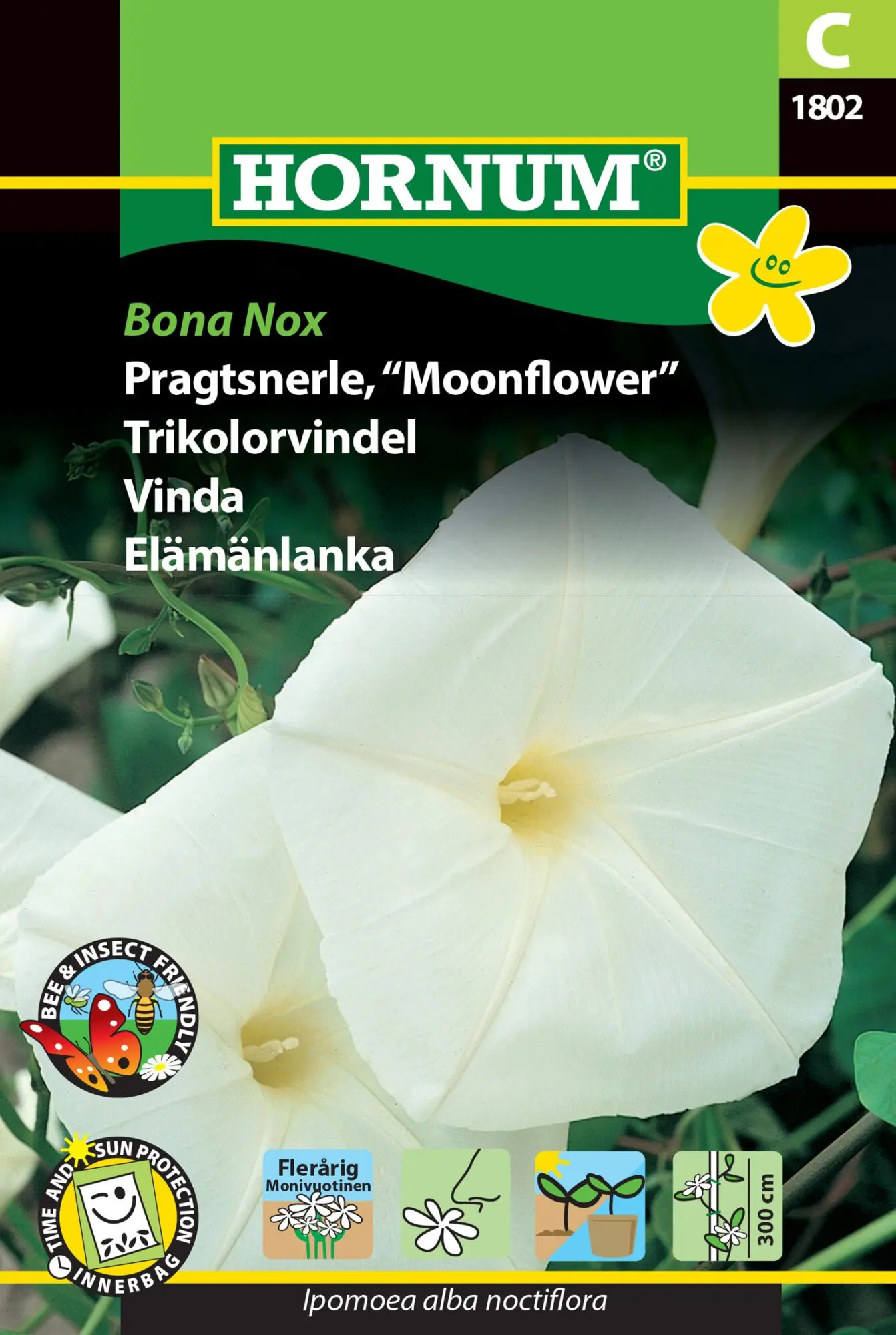 Pragtsnerle Hvid eller Moonflower Bona Nox. Skøn duftende stedsegrøn klatreplante med store hvide blomster. Blømsterfrø til haven.