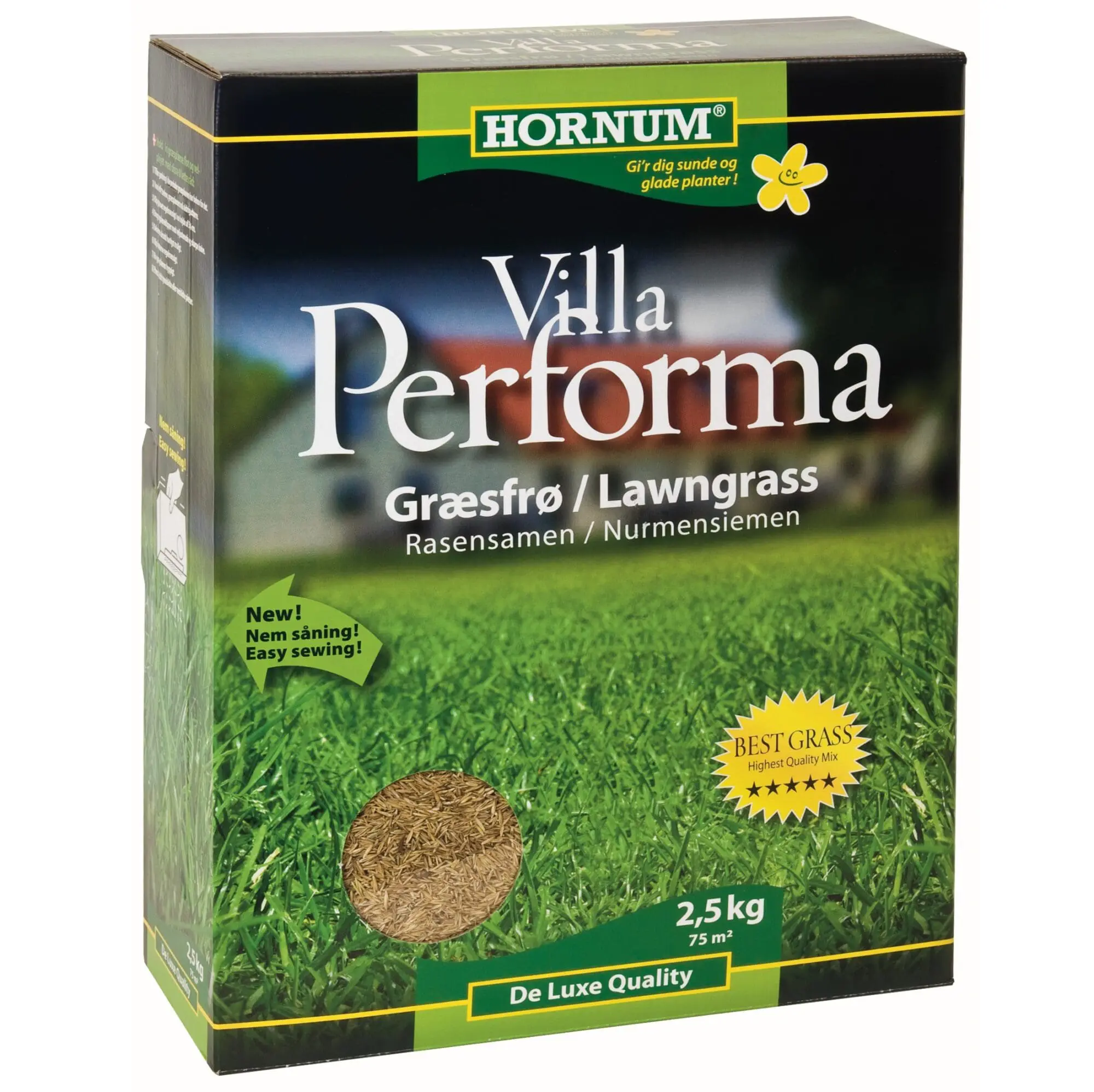 Græsfrø til en dybgrøn og tæt græsplæne. Perfekt til villahaven. HORNUM Villa Performa 2,5 kg