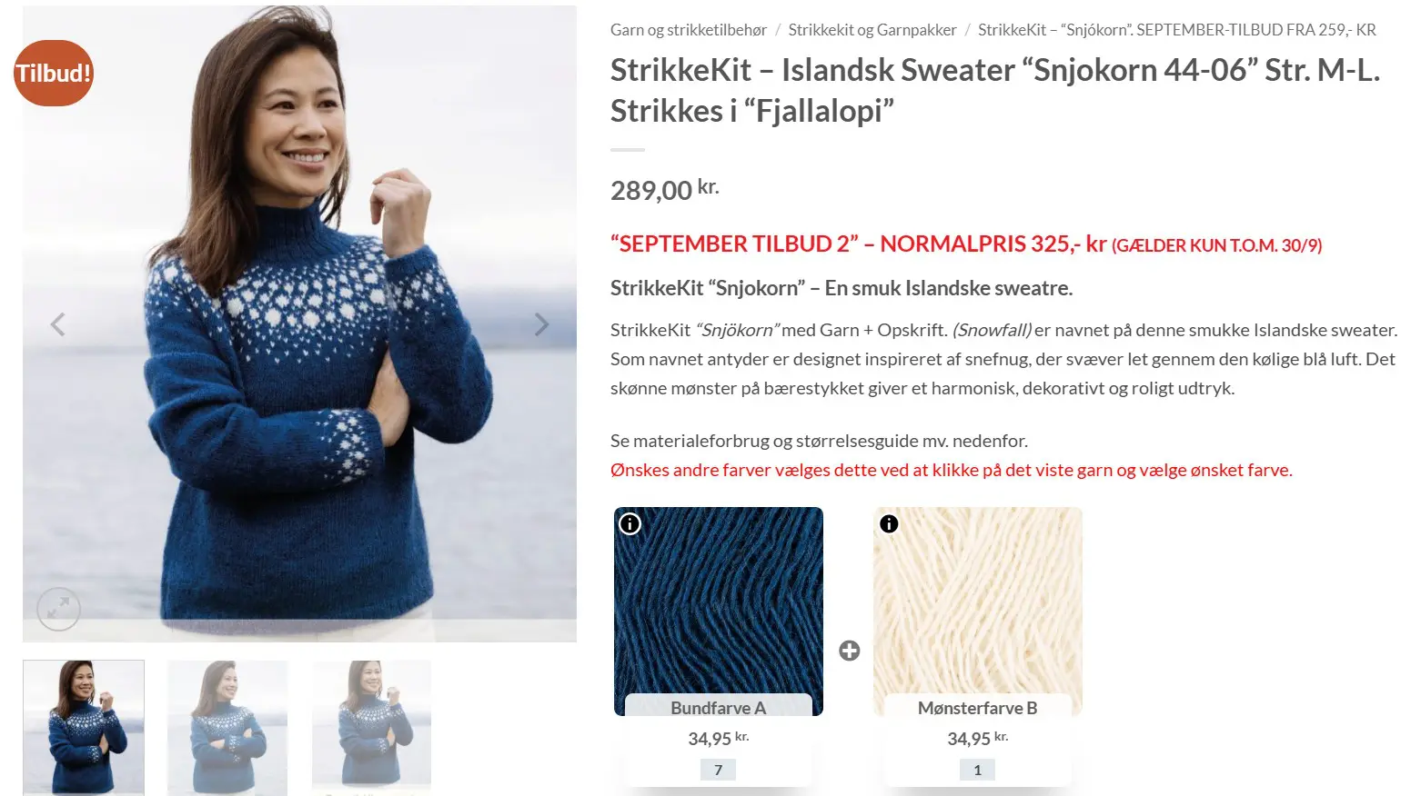 StrikkeKit vises med antal noegler og farver