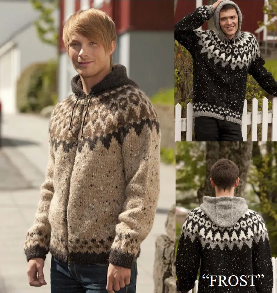 StrikkeKit – Cardigan “Frost” 29-10 Herre/Dame med hætte. AlafossLopi. (Garn + Opskrift) Størrelse S