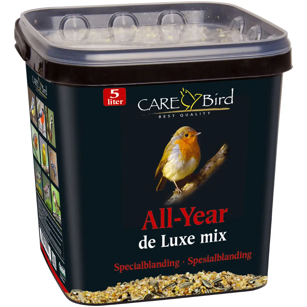 Fuglefoder “All year de Luxe” til havens vilde fugle. Energiholdig basisfoder 5 ltr.