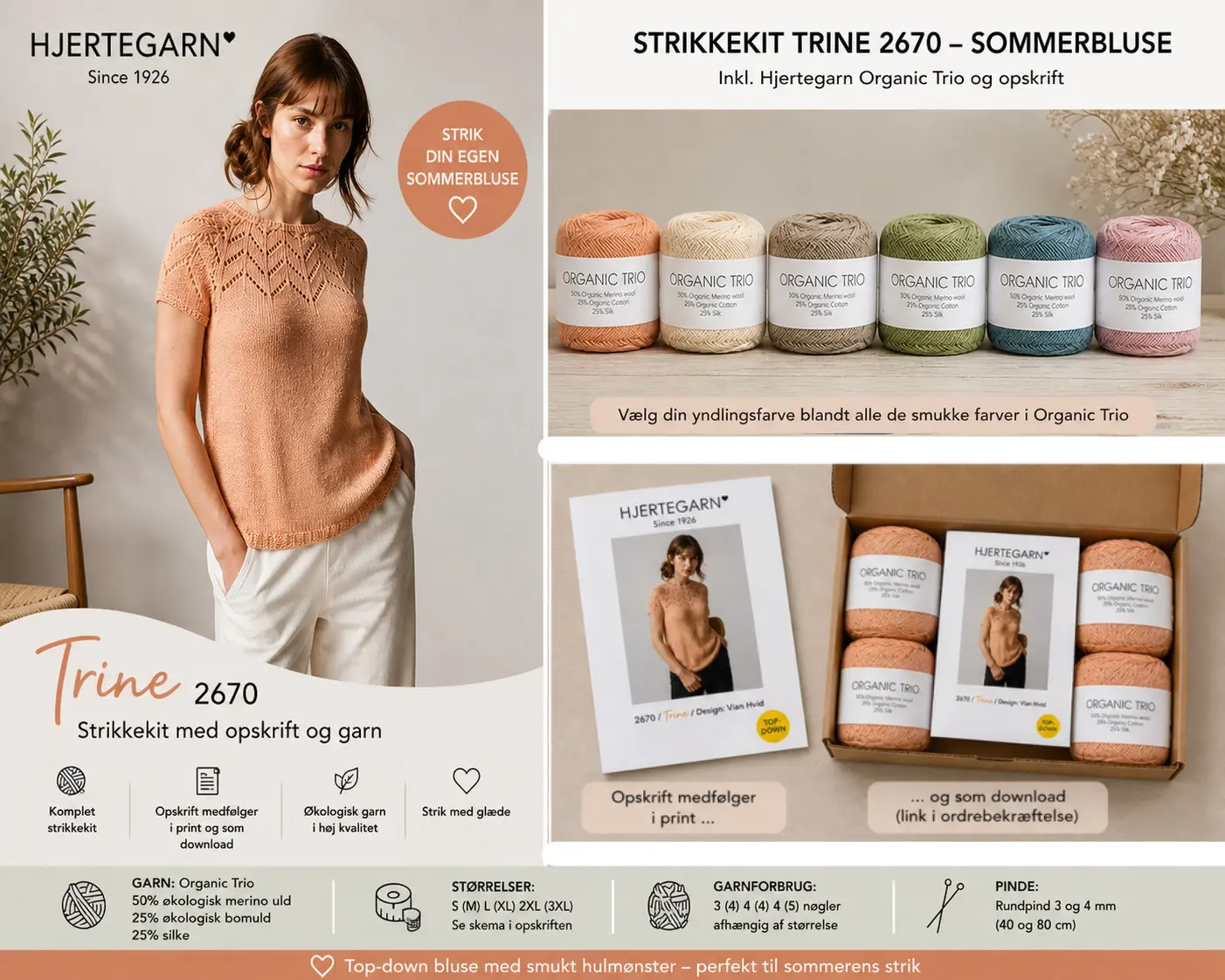 StrikkeKit Sommerbluse med hulmønster “2670 Tine fra Hjertegarn” | Top-down | Str. M-2XL