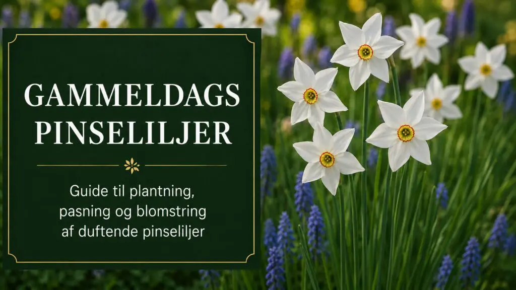 Gammeldags pinseliljer med hvide blomster og orange rød midte i forårshaven