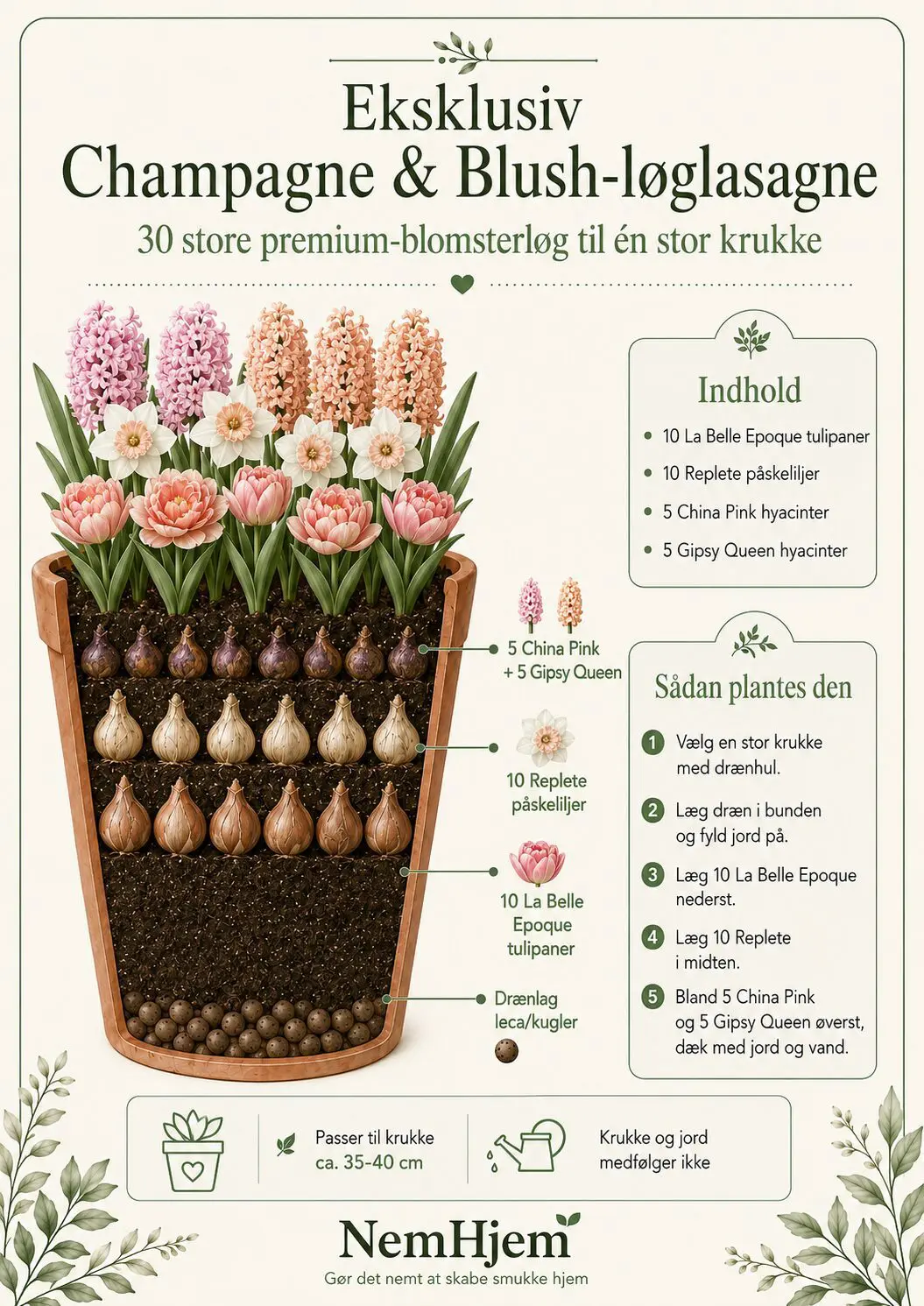 Eksklusiv Champagne & Blush-løglasagne – 30 store premium-blomsterløg til én krukke
