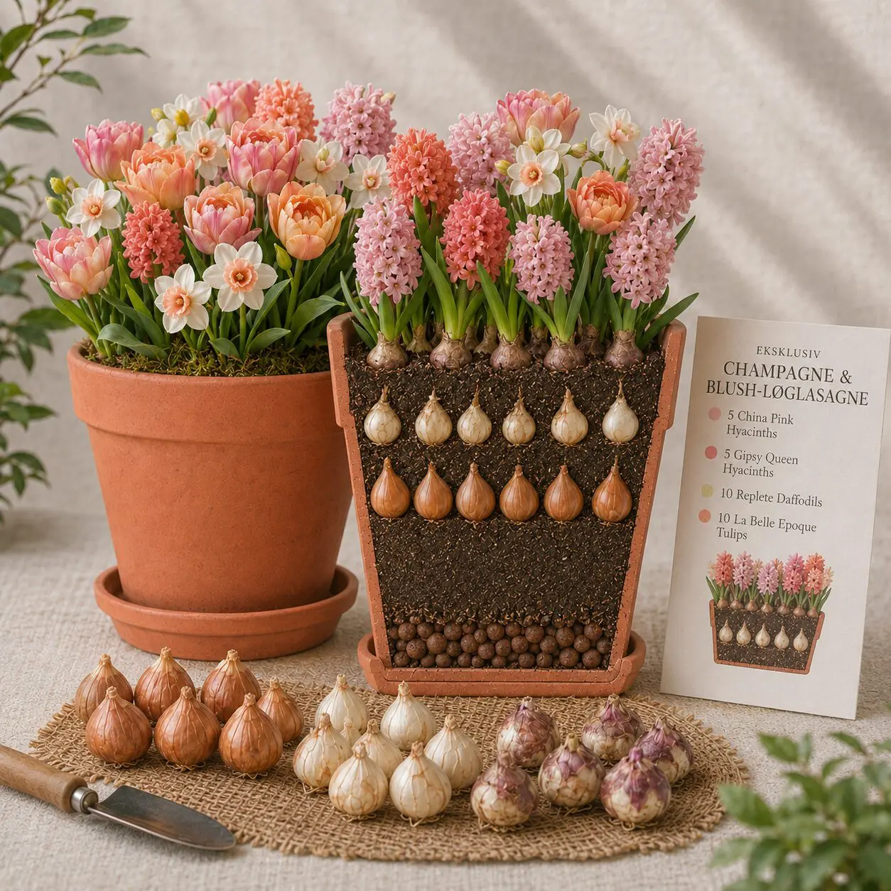 Eksklusiv Champagne & Blush-løglasagne – 30 store premium-blomsterløg til én krukke