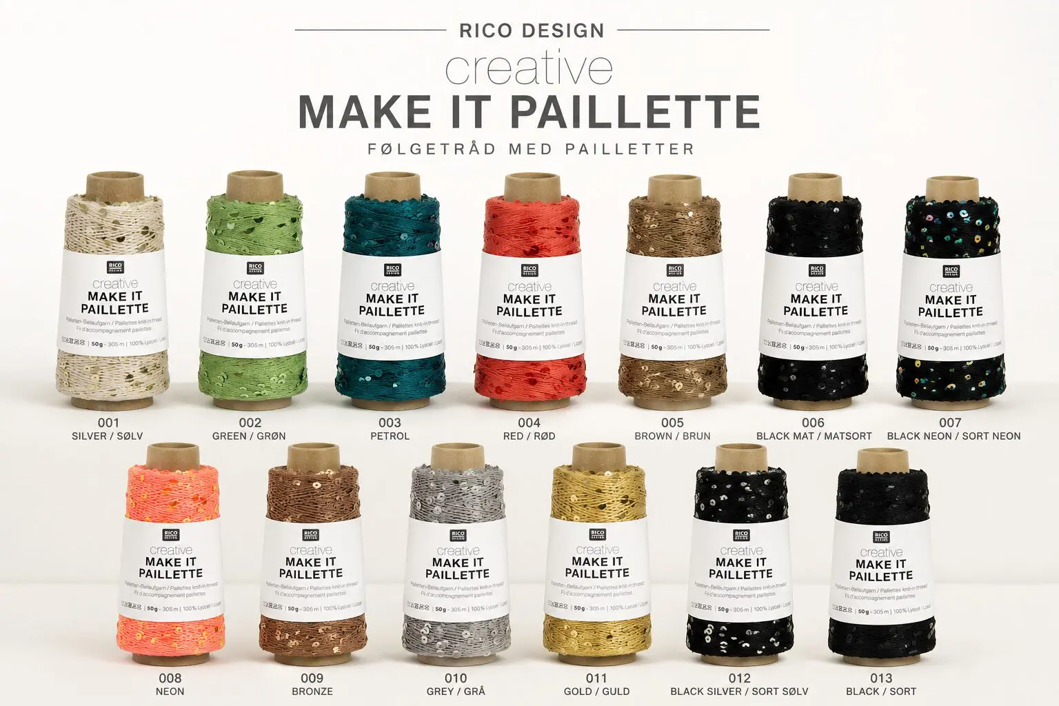Rico Design Make It Perliette. Følgetråd med palietter der findes i mange farver.