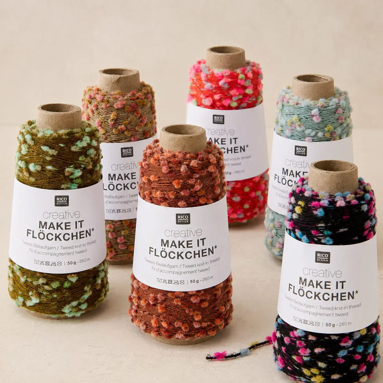 Rico Design Creative Make It Flöckchen effektgarn med nopper Rico Design Make It Flockchen følgetråd med tweed-effekt