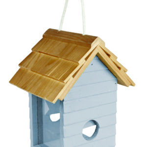Fuglefoderhus “Beach Hut” i Blå. FSC-certificeret træ. Dekorativt fugle foderhus til vildtfugle.