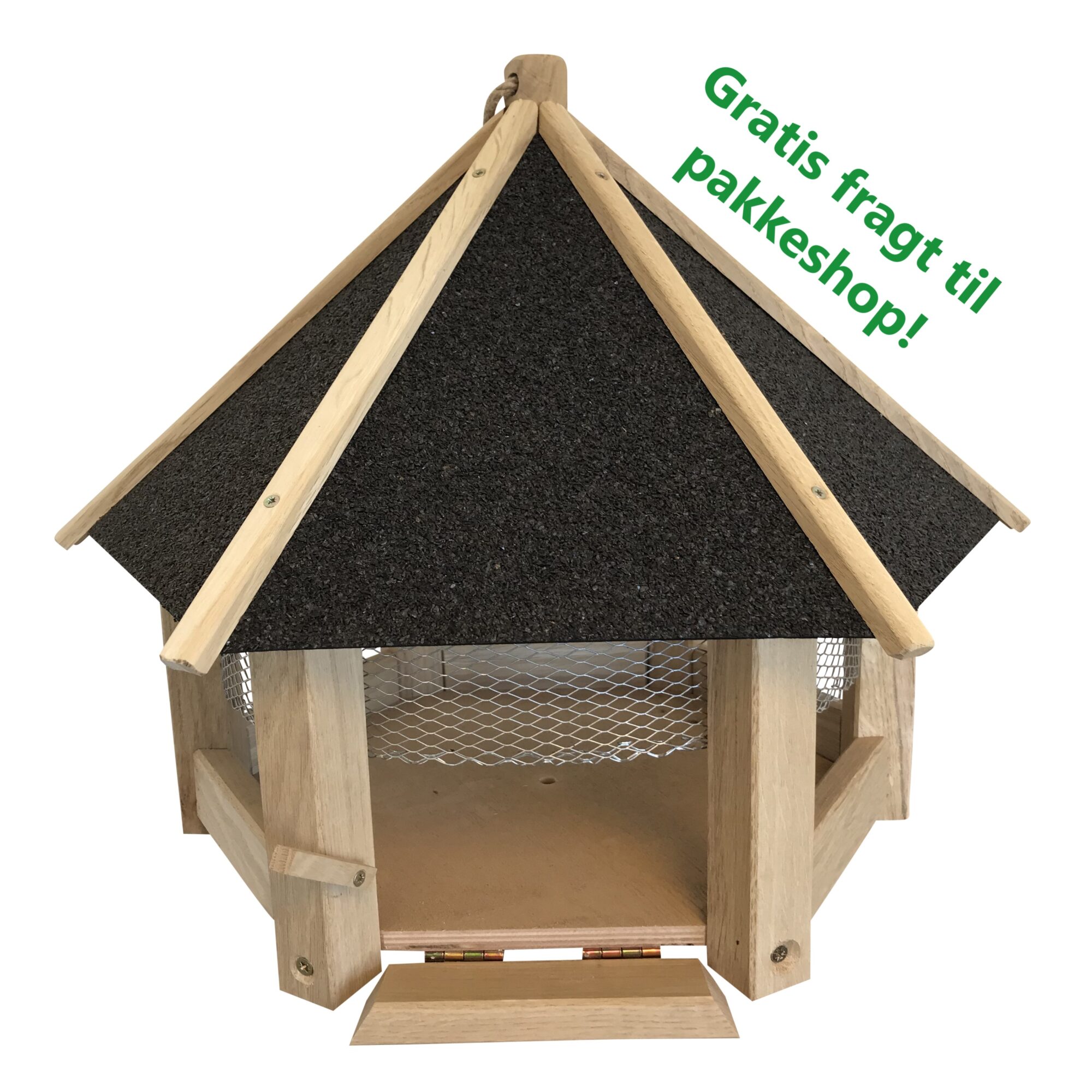 Fuglefoderhus med net. Udført i FSC certificeret olieret egetræ med tag i sort tagpap. ø44 cm.