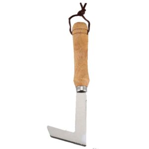 Ukrudtskniv med træhåndtag og lædersnor til ophængning 25 cm – Haveredskaber