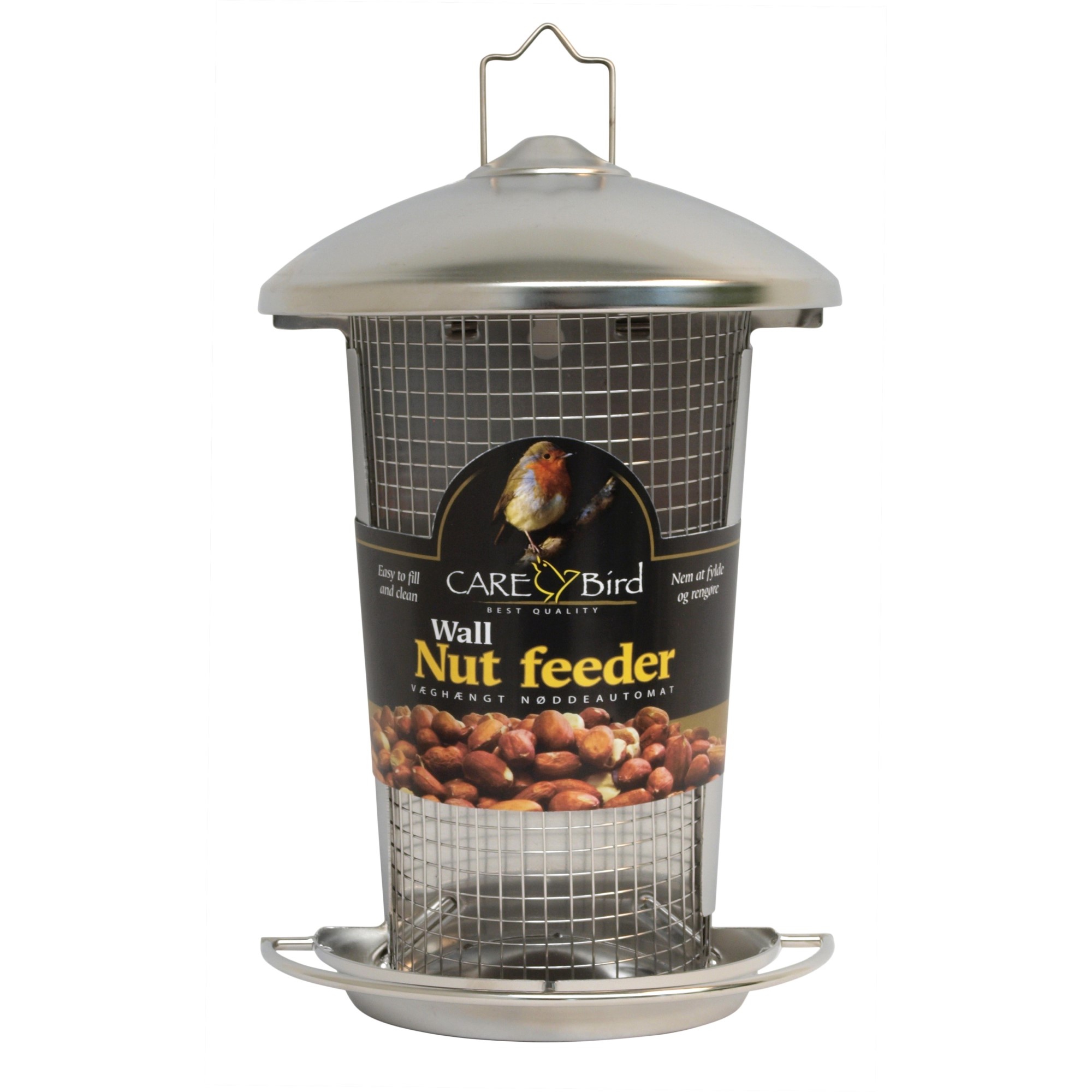 Fuglefoderautomat til ophængning på væg lavet i rustfrit stål. Smart foderautomat til jordnødder.