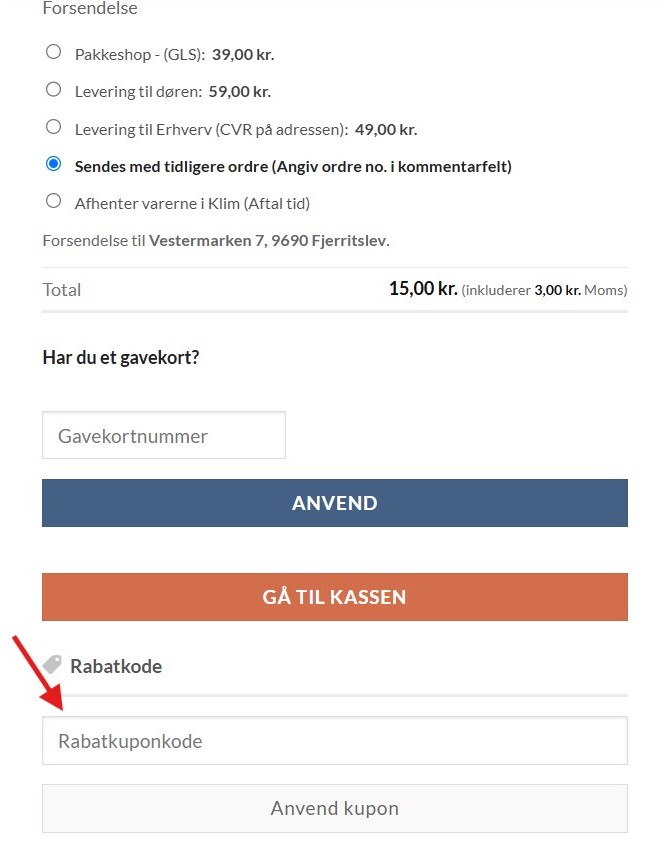 Feltet til indsættelse af Rabatkode