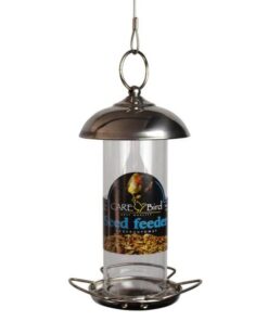 Fuglefoderautomat i rustfrit stål – Lille praktisk foderautomat til frø. 19,5 cm.